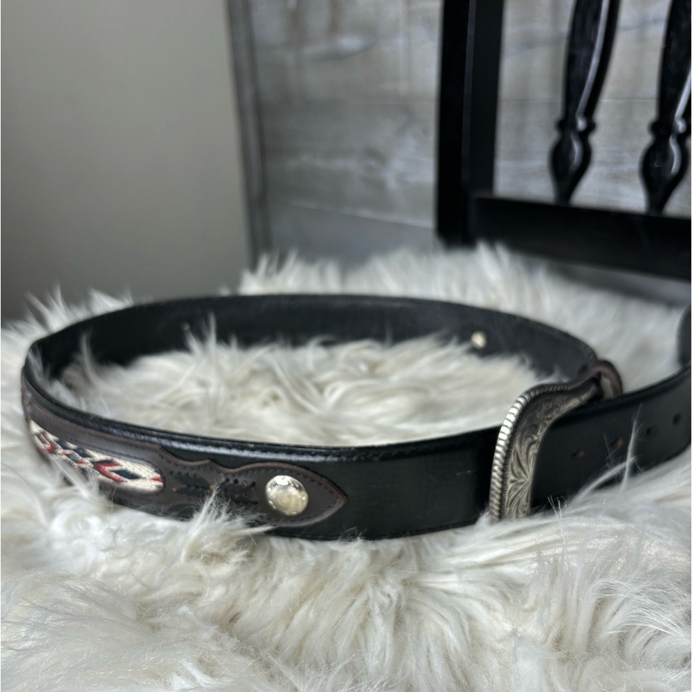 Genuine leather made in Mexico multi colored brass buckle belt 34 waist